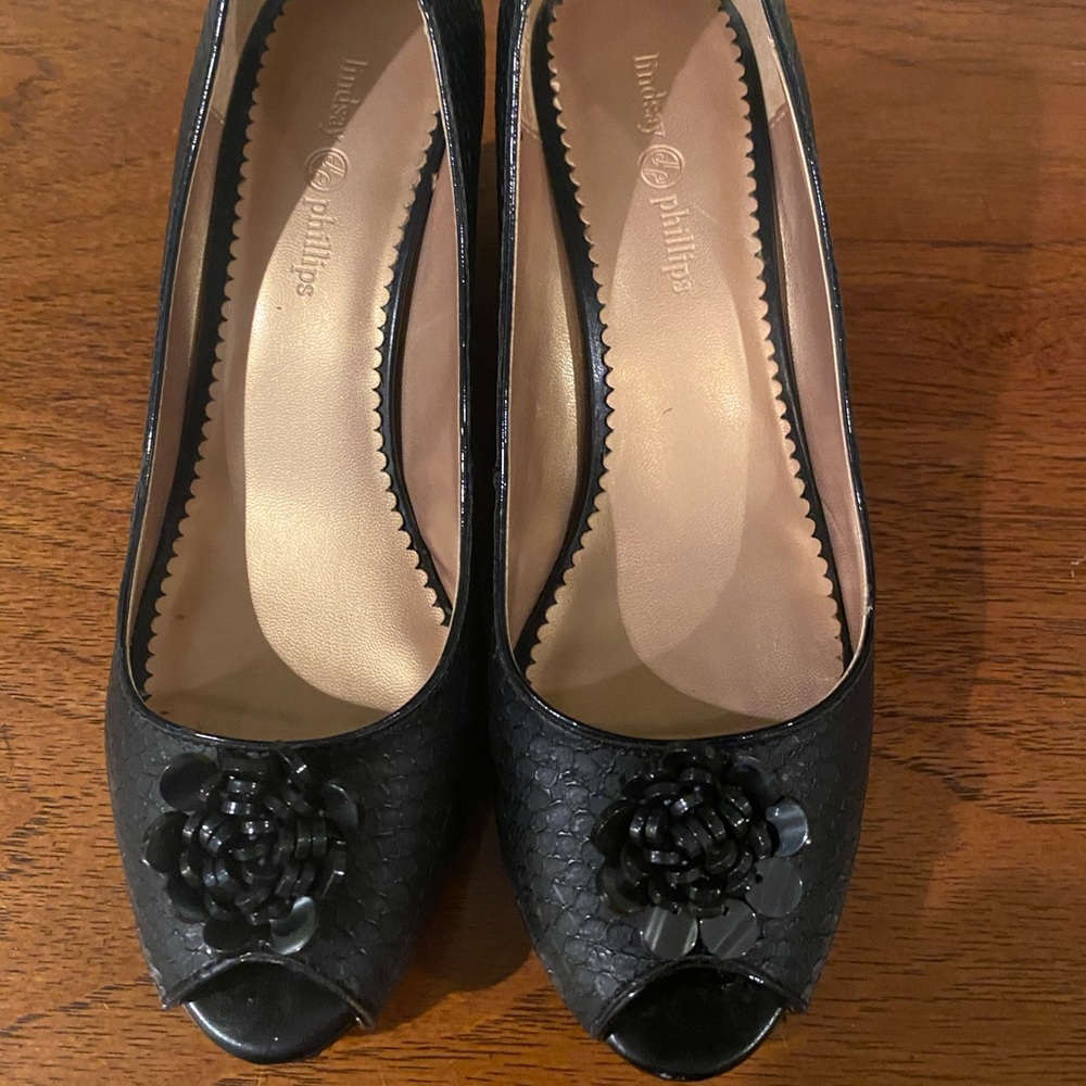 Lindsay Phillips Peep Toe Black Python Wedge - 10 - image 1